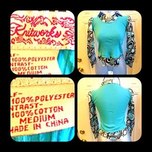 5/$25 knitworks, medium, light blue sweater with faux silk undershirt design.